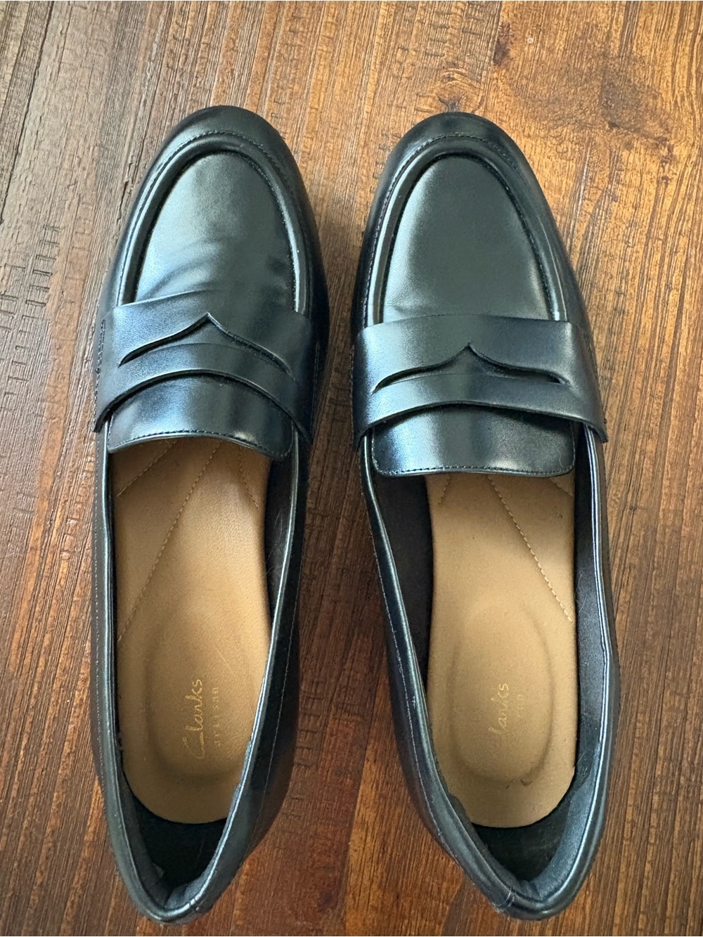 Clarks Black Leather Penny Loafers, Size 9